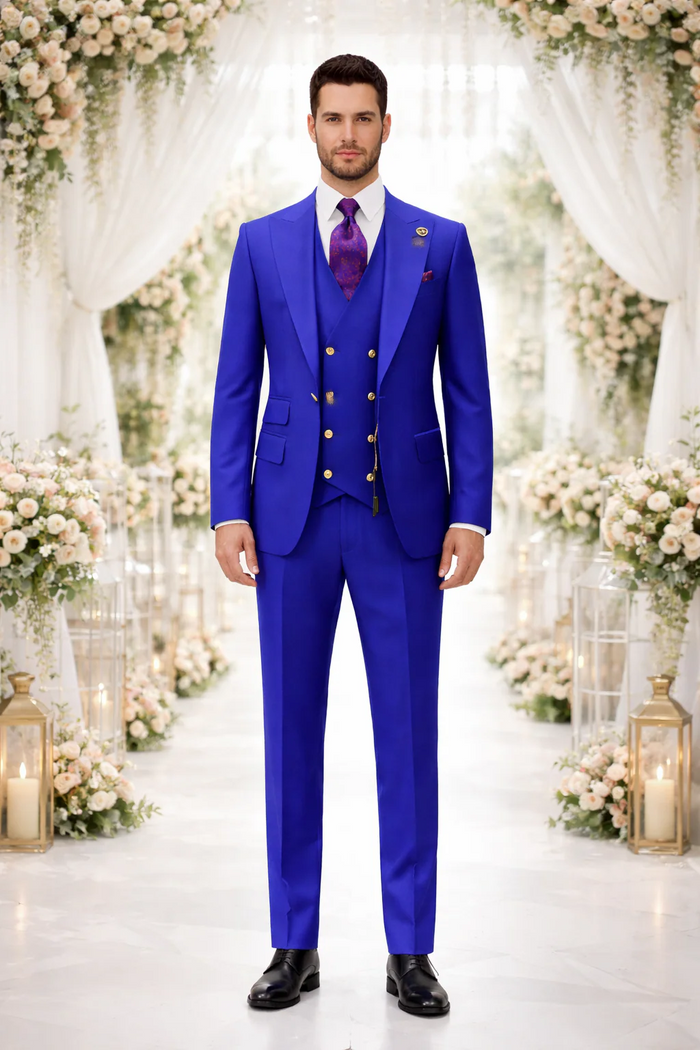 Rossiman Royal Blue Suit for Men ?? Classic 1-Button Peak Lapel Jacket & Double-Breasted Vest