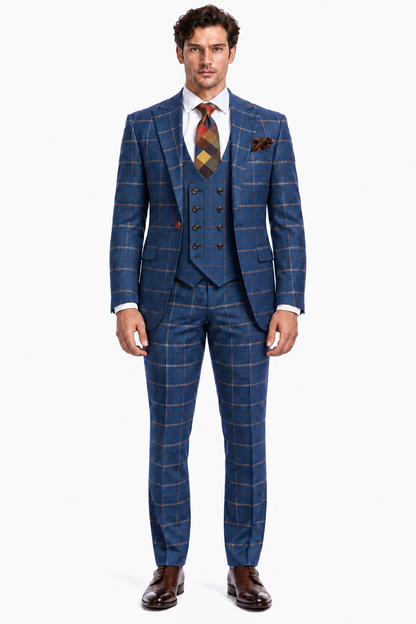 Rossiman Men??s Navy & Gray Plaid Suit ?? Classic Windowpane Double-Breasted Design