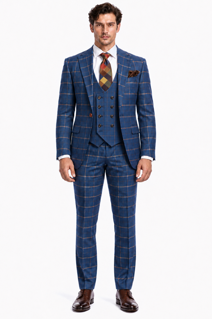 Rossiman Men??s Navy & Gray Plaid Suit ?? Classic Windowpane Double-Breasted Design