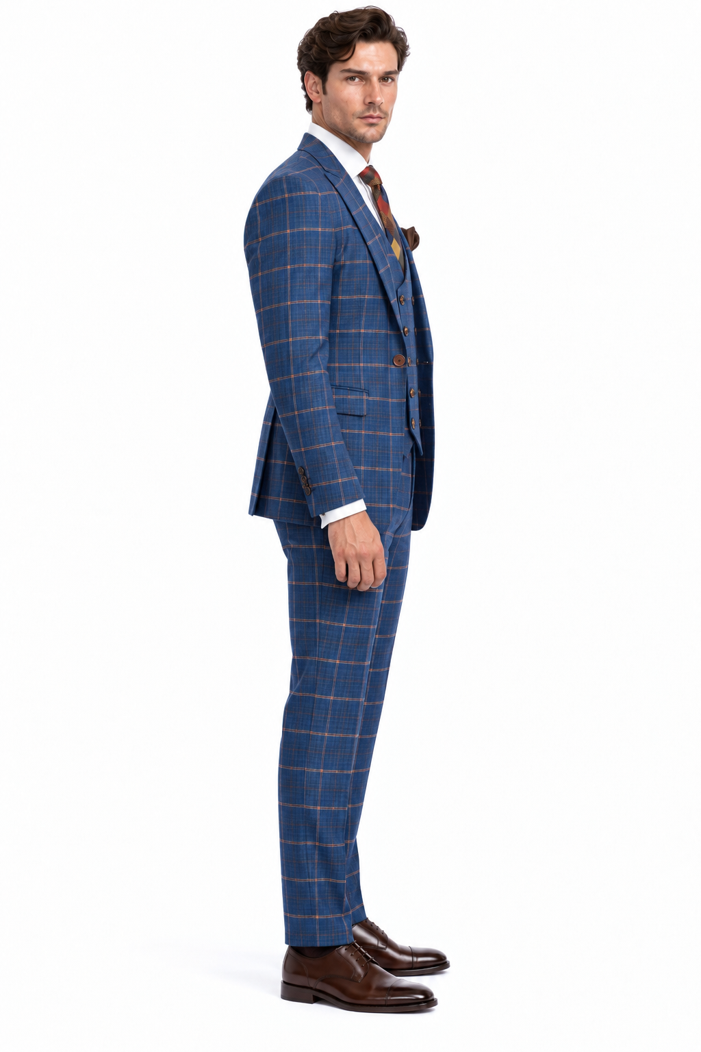 Rossiman Men??s Navy & Gray Plaid Suit ?? Classic Windowpane Double-Breasted Design