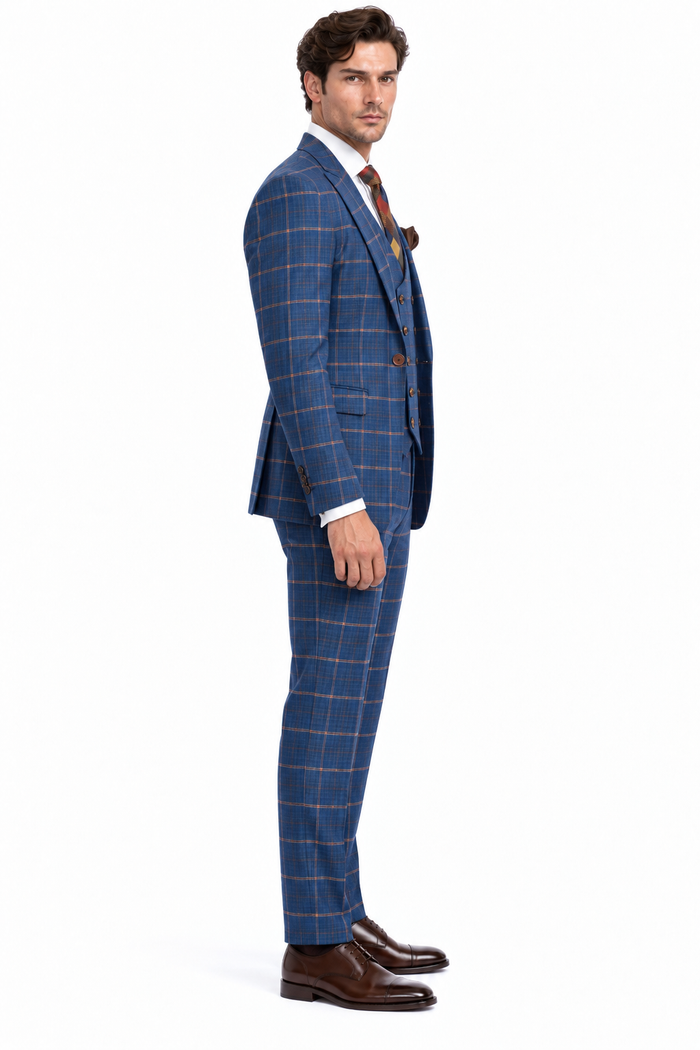 Rossiman Men??s Navy & Gray Plaid Suit ?? Classic Windowpane Double-Breasted Design