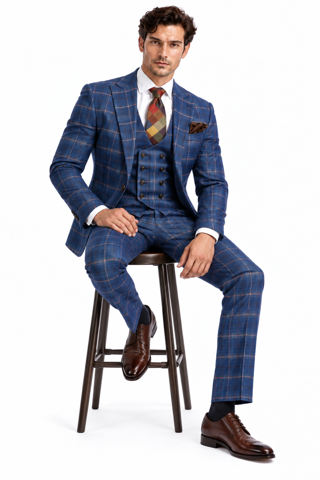 Rossiman Men??s Navy & Gray Plaid Suit ?? Classic Windowpane Double-Breasted Design