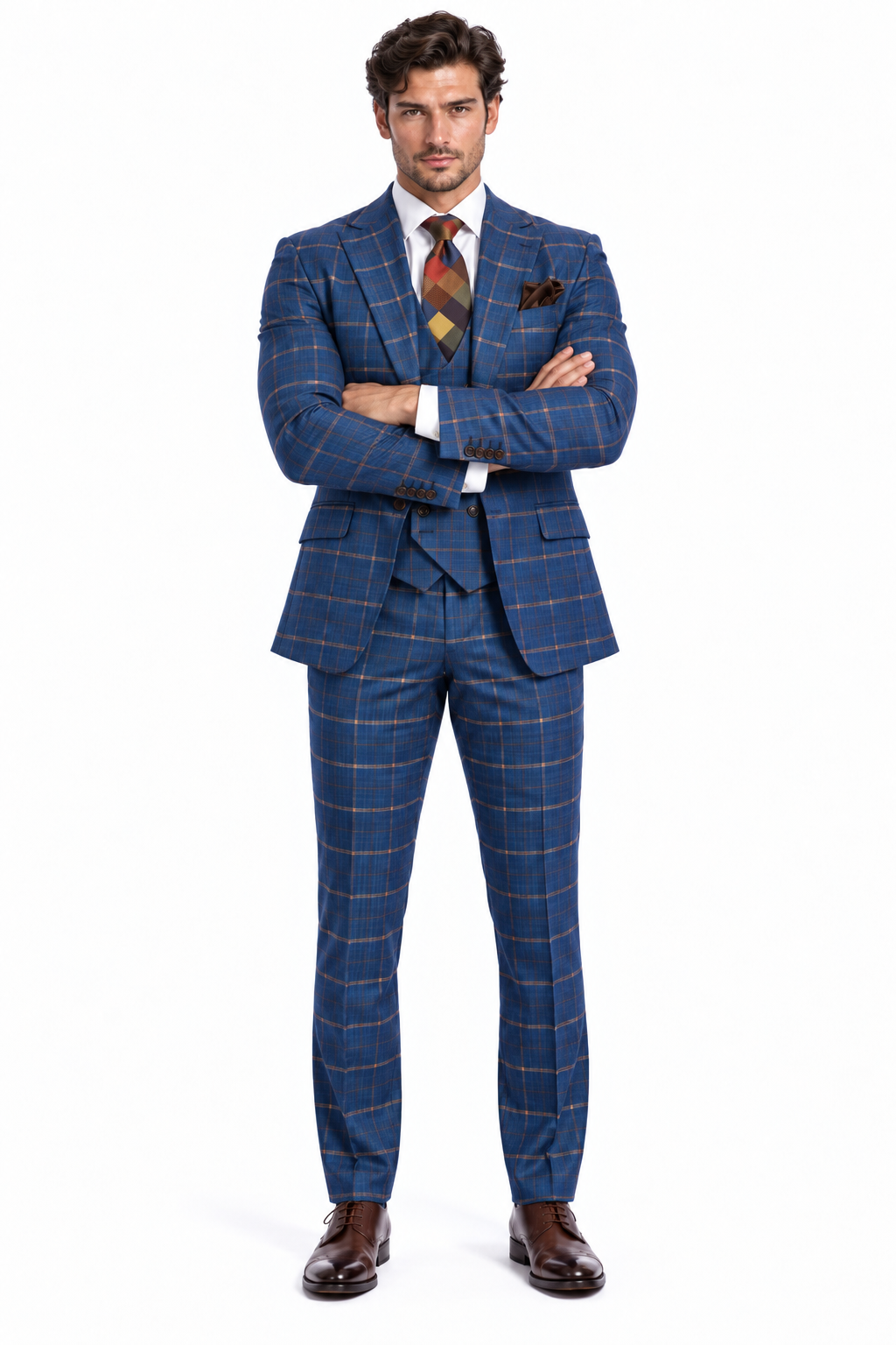 Rossiman Men??s Navy & Gray Plaid Suit ?? Classic Windowpane Double-Breasted Design