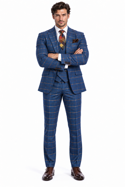 Rossiman Men??s Navy & Gray Plaid Suit ?? Classic Windowpane Double-Breasted Design