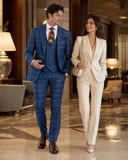 Rossiman Men??s Navy & Gray Plaid Suit ?? Classic Windowpane Double-Breasted Design