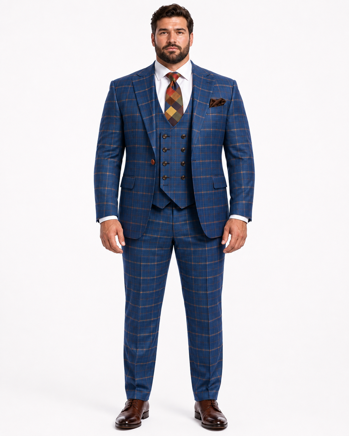 Rossiman Men??s Navy & Gray Plaid Suit ?? Classic Windowpane Double-Breasted Design