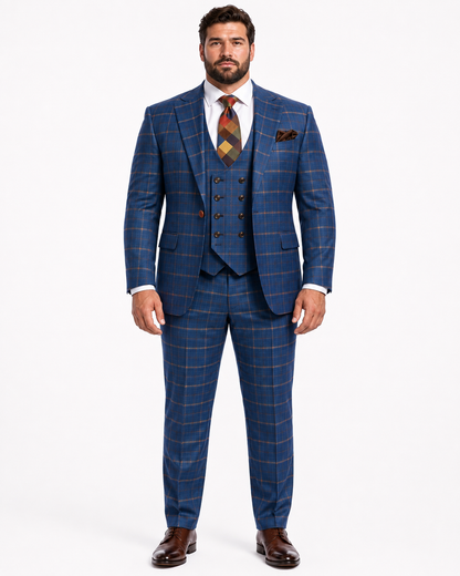 Rossiman Men??s Navy & Gray Plaid Suit ?? Classic Windowpane Double-Breasted Design