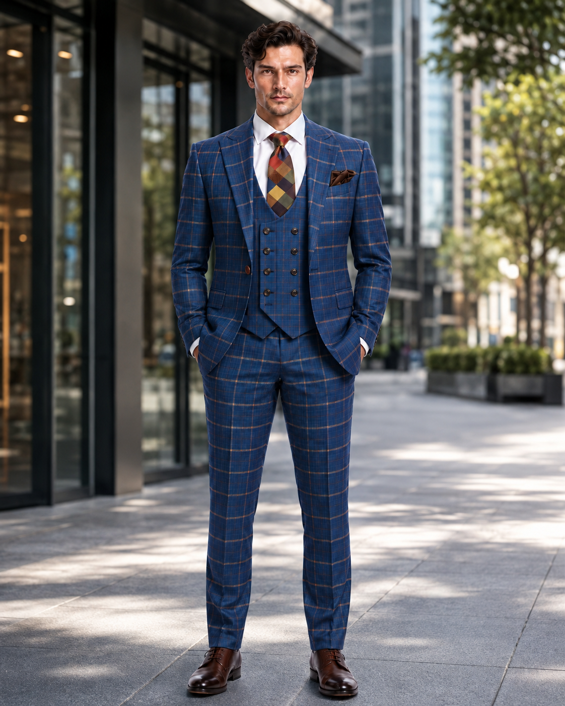 Rossiman Men??s Navy & Gray Plaid Suit ?? Classic Windowpane Double-Breasted Design