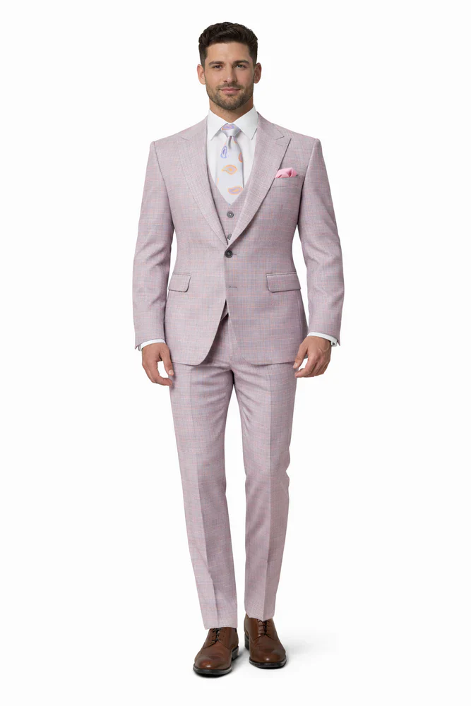 Rossiman Sharkskin Gray Plaid Suit ?? Double-Breasted Windowpane Suit for Men