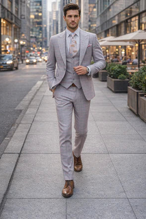 Rossiman Sharkskin Gray Plaid Suit ?? Double-Breasted Windowpane Suit for Men