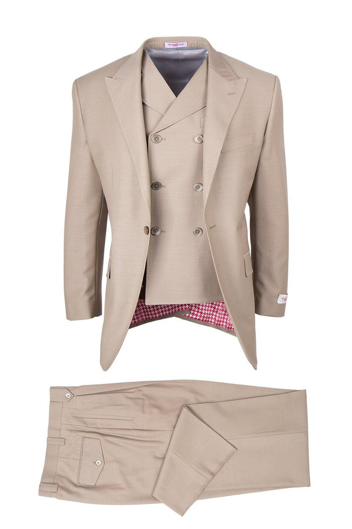 Tiglio Rosso Men’s Tan 3-Piece Italian Wool Suit – Classic Fit Peak Lapel Suit with Double-Breasted Vest and Pleated Wide-Leg Pants