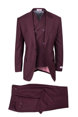 Tiglio Italian Suit - Real Wool Fabric Super 150's San Giovesse Burgundy, Wide Leg Suit & Vest in Color Burgundy
