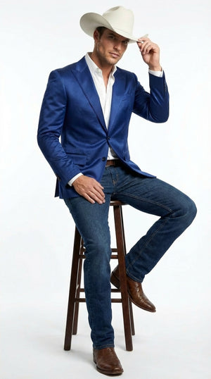 Men’s Shiny Royal Blue Cowboy Blazer – Western Style Satin Finish Blazer for Party, Country Events and Evening Wear