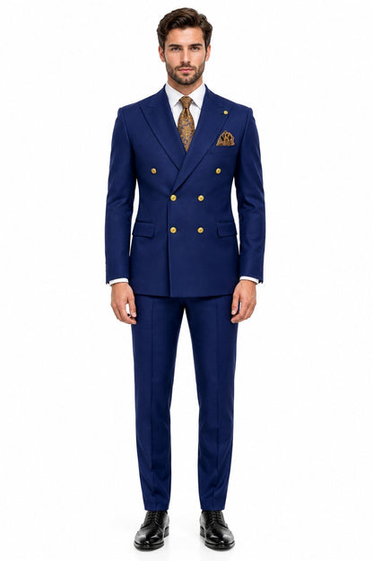 Mens Double Breasted Suits Gold Buttons - 100% Wool Royal Blue Suit - Double Breasted Blazer
