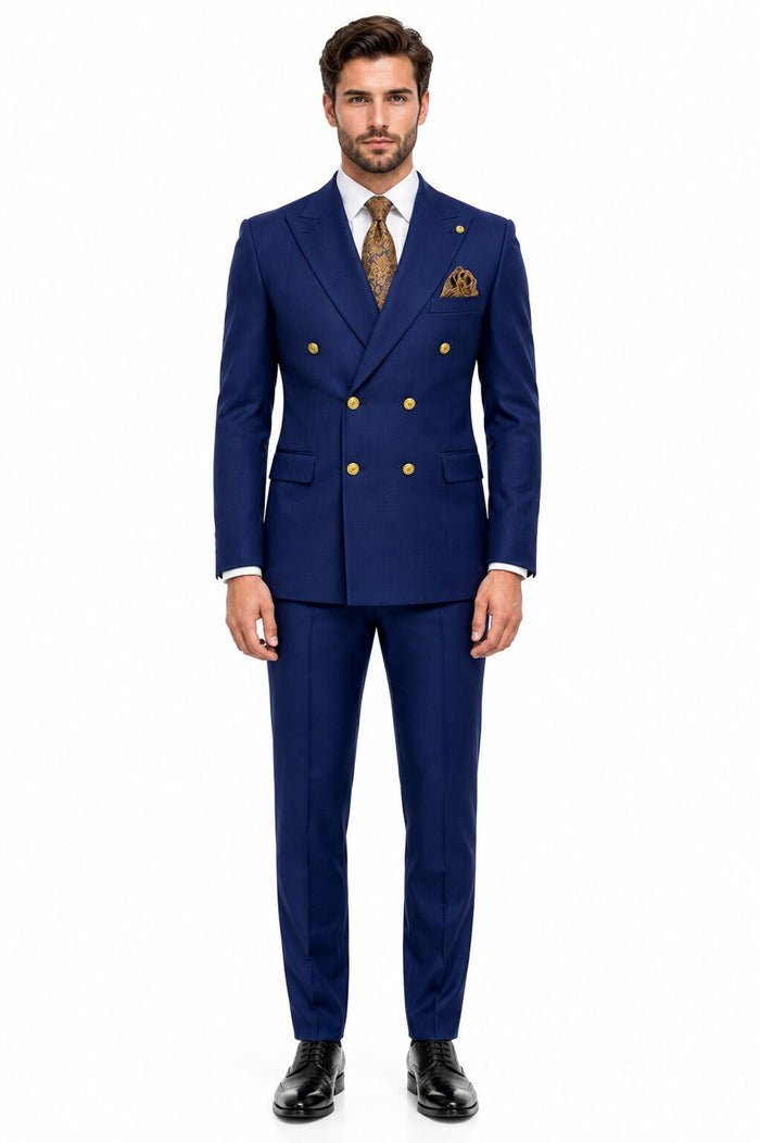 Mens Double Breasted Blazer - Wool Royal Blue Sport Coat With Gold Buttons