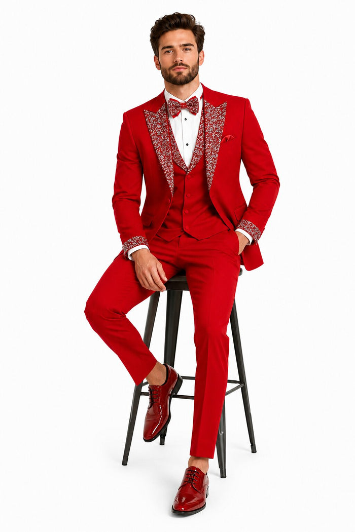 Red Prom Tuxedo - Perfect Wedding Suit Vested Rhinestone sequin Lapelled