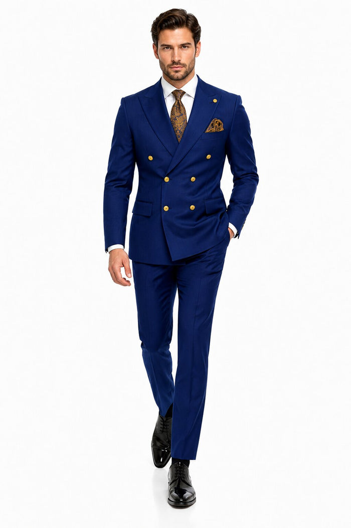 Mens Double Breasted Blazer - Wool Royal Blue Sport Coat With Gold Buttons