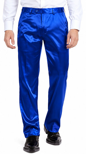 Mens Shiny Stretch Pants Solid Color Slim Fit Sateen Flashy Metallic Slacks in Color "Royal Blue"