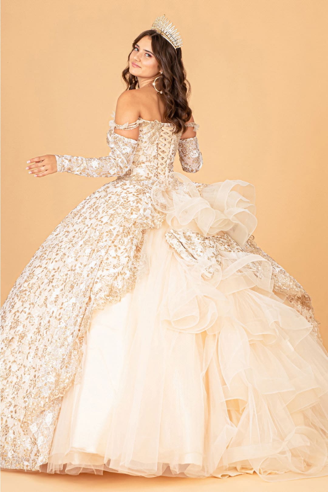 Champagne Quince Dress Ruffled Floral Ball Gown by Elizabeth K GL3072