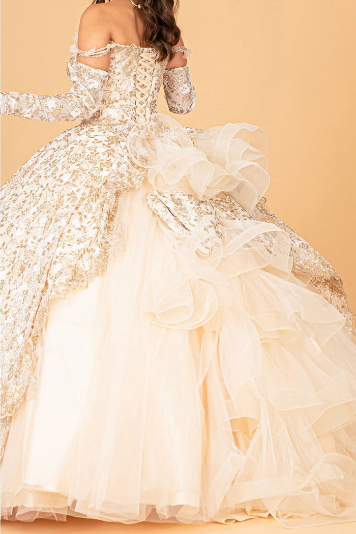 Champagne Quince Dress Ruffled Floral Ball Gown by Elizabeth K GL3072