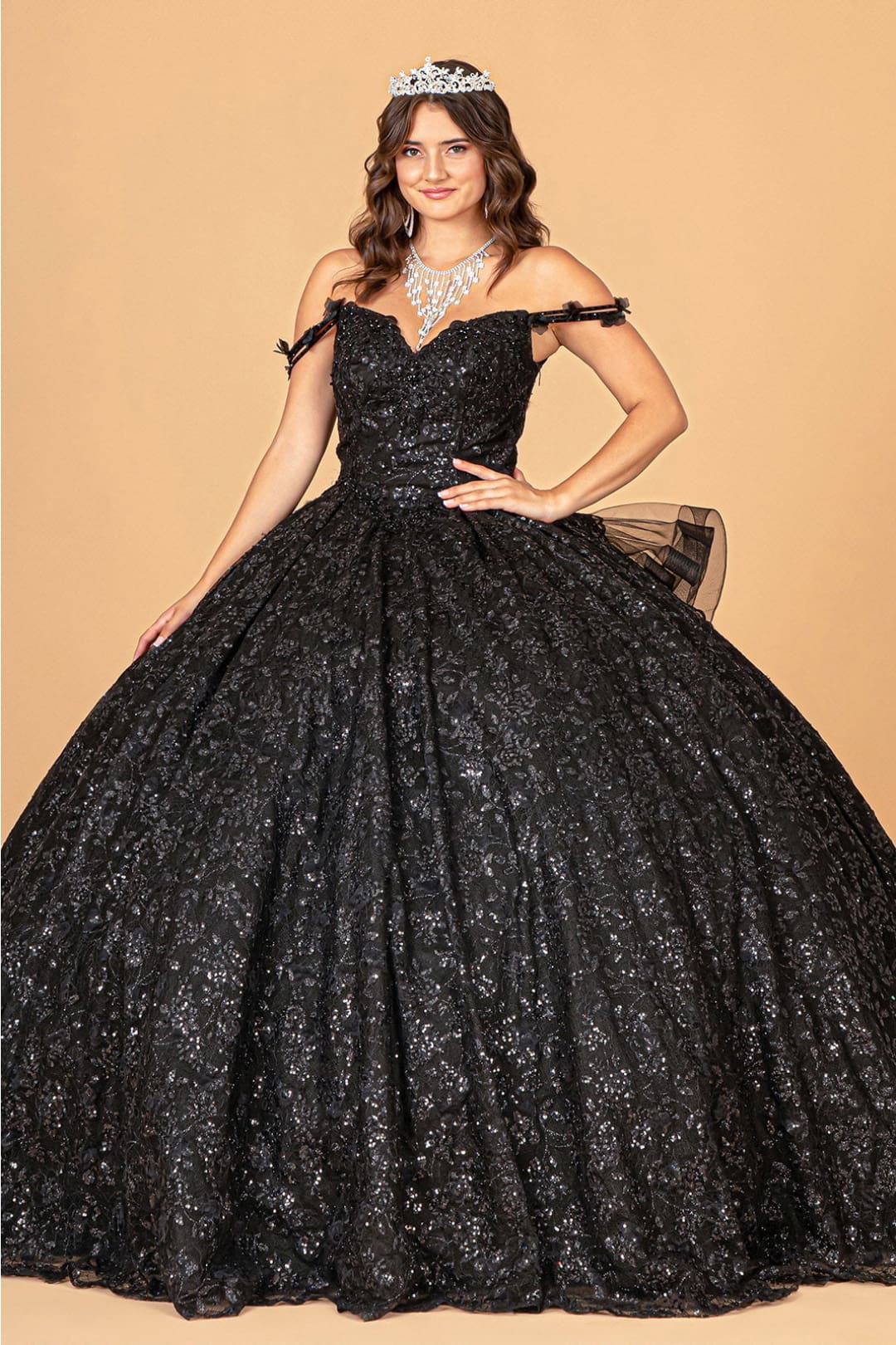 Ruffled Floral Print Ball Gown by Elizabeth K GL3072 - XS / Black - Quinceanera Dresses