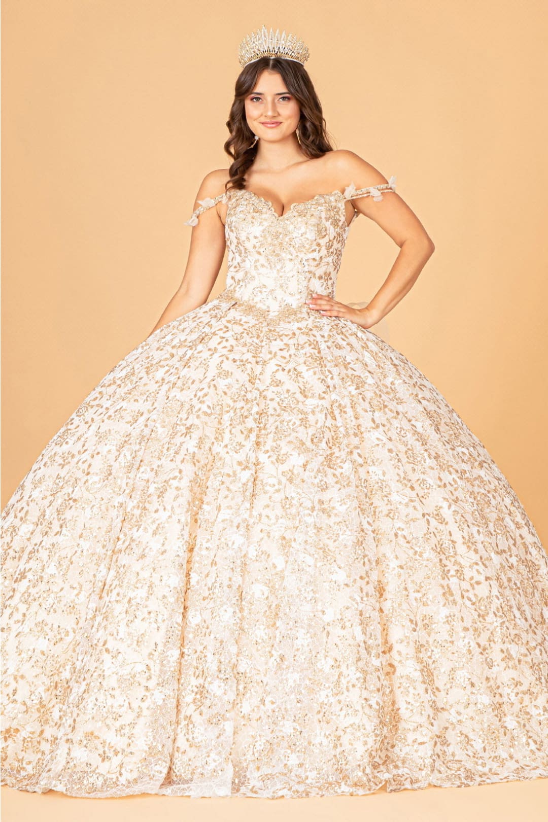 Ruffled Floral Print Ball Gown by Elizabeth K GL3072 - XS / Champagne - Quinceanera Dresses