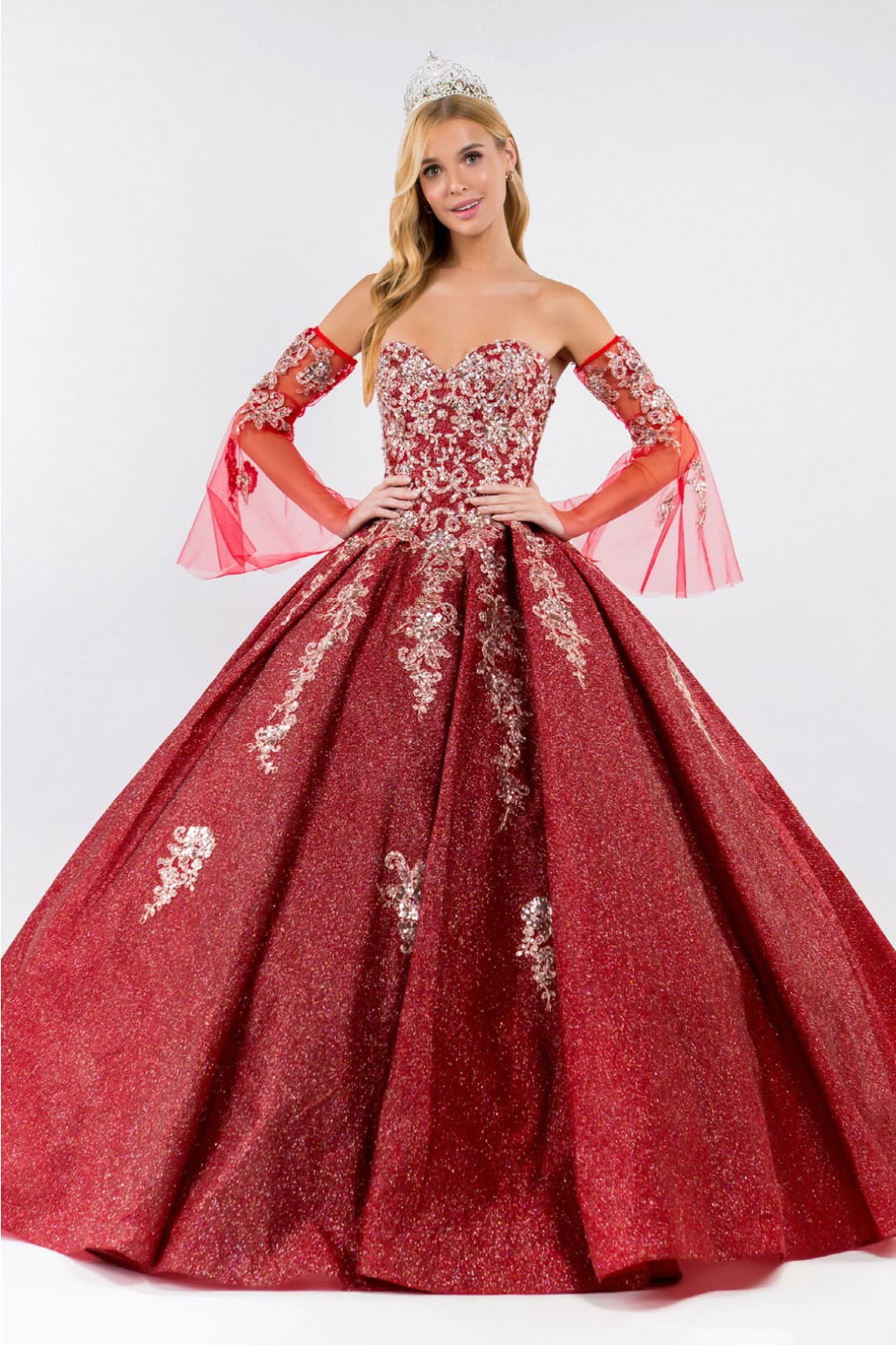 Ruffled Metallic Glitter Ball Gown by Elizabeth K GL1912 - XS / Burgundy - Quinceanera Dresses