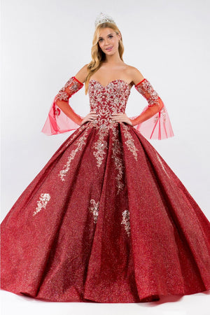 Ruffled Metallic Glitter Ball Gown by Elizabeth K GL1912 - XS / Burgundy - Quinceanera Dresses