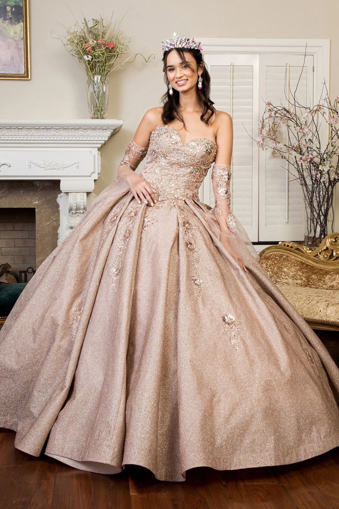 Ruffled Metallic Glitter Ball Gown by Elizabeth K GL1912 - XS / Rose Gold - Quinceanera Dresses