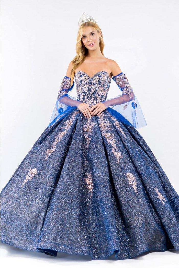 Ruffled Metallic Glitter Ball Gown by Elizabeth K GL1912 - XS / Royal Blue - Quinceanera Dresses
