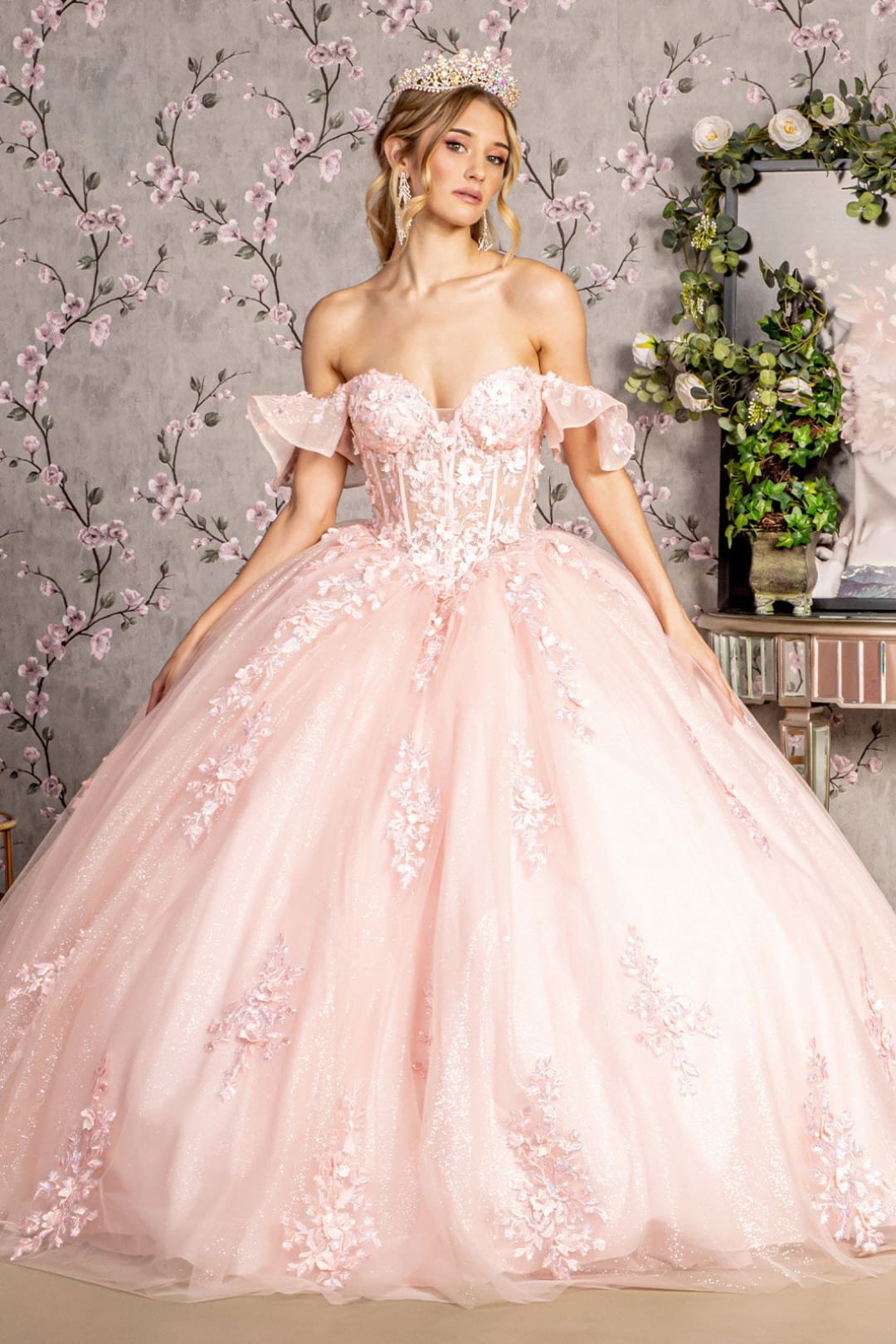 Ruffled Off Shoulder Corset Ball Gown by GLS Gloria GL3475 - XS / Blush - Quinceanera Dresses