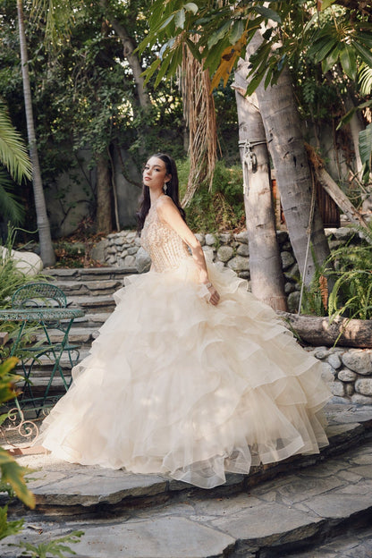 Juliet 1423 Beaded Illusion Sweetheart Tulle Quinceanera Ball Gown with Ruffled Skirt