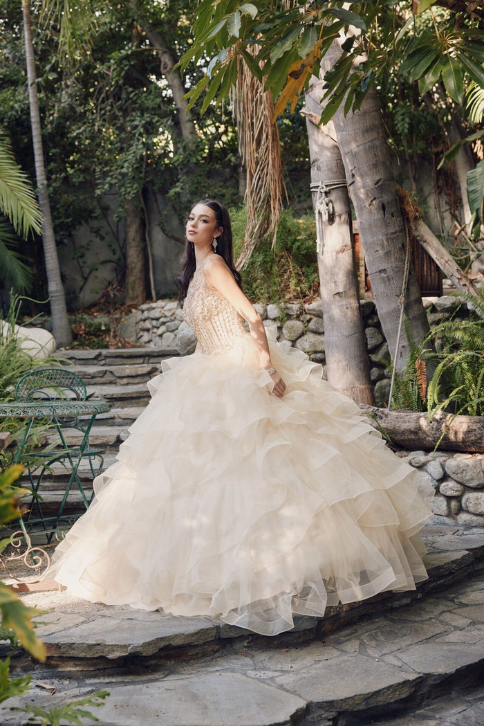 Juliet 1423 Beaded Illusion Sweetheart Tulle Quinceanera Ball Gown with Ruffled Skirt