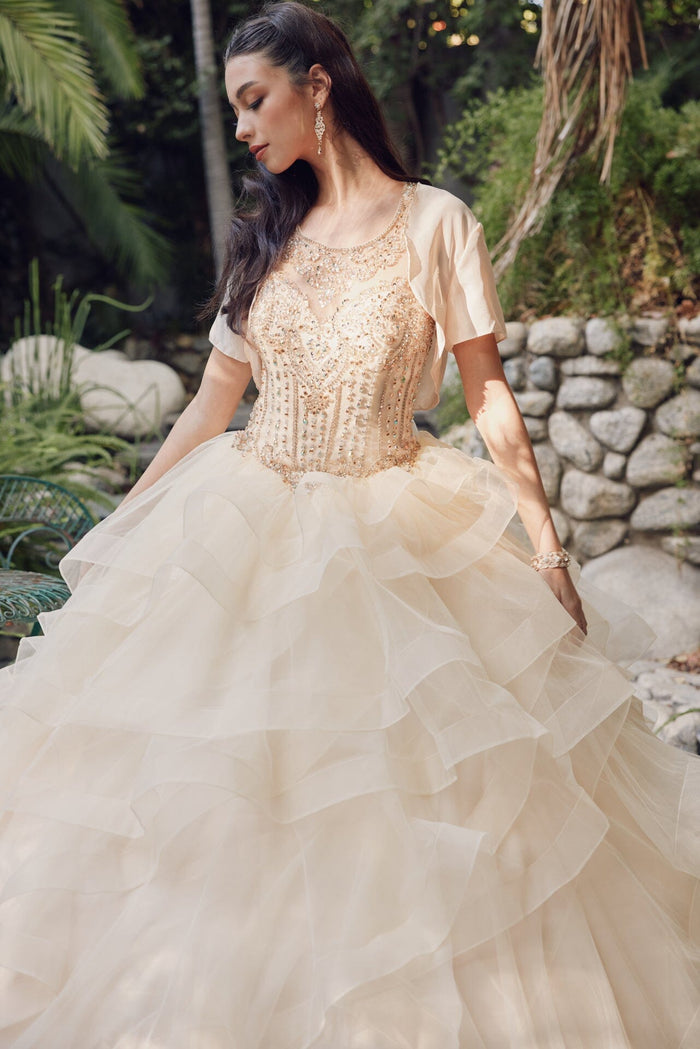 Juliet 1423 Beaded Illusion Sweetheart Tulle Quinceanera Ball Gown with Ruffled Skirt