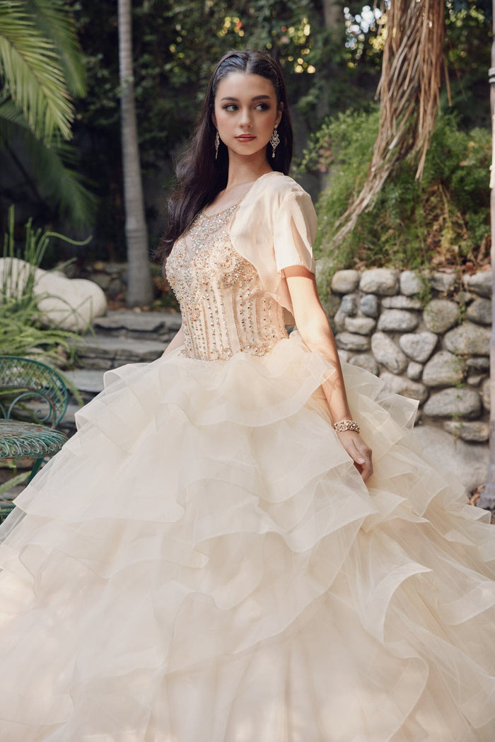 Juliet 1423 Beaded Illusion Sweetheart Tulle Quinceanera Ball Gown with Ruffled Skirt