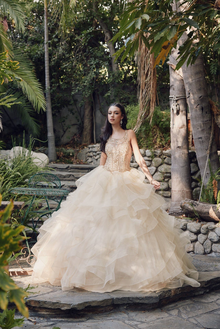 Juliet 1423 Beaded Illusion Sweetheart Tulle Quinceanera Ball Gown with Ruffled Skirt
