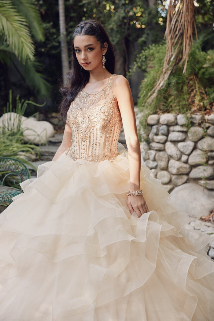 Juliet 1423 Beaded Illusion Sweetheart Tulle Quinceanera Ball Gown with Ruffled Skirt