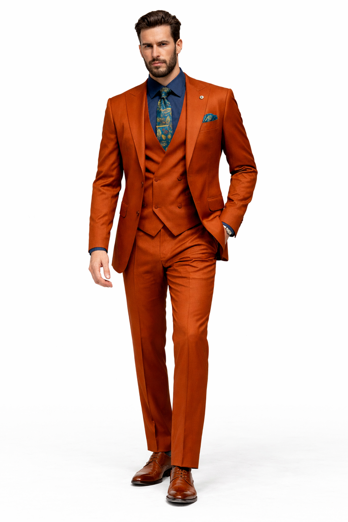 Rust - Copper - Brick Orangish Formal Suit – Mens 3-Piece Set Peak Lapel Modern Fit