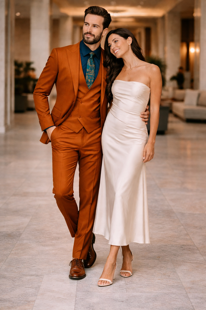 Rust - Copper - Brick Orangish Formal Suit – Mens 3-Piece Set Peak Lapel Modern Fit