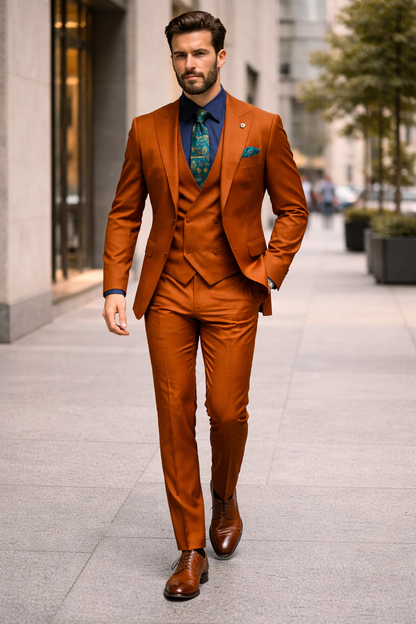 Rust - Copper - Brick Orangish Formal Suit – Mens 3-Piece Set Peak Lapel Modern Fit