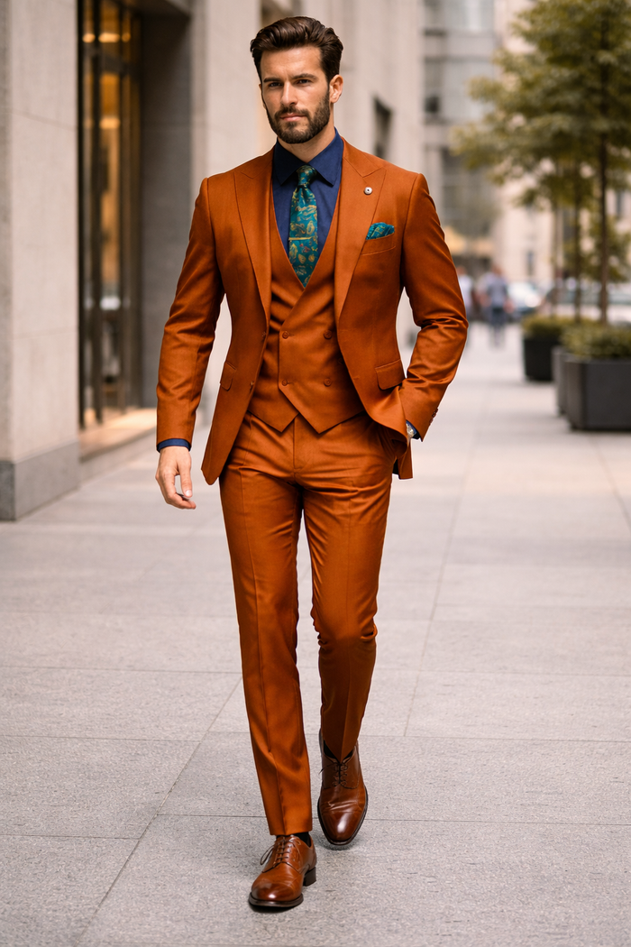 Rust - Copper - Brick Orangish Formal Suit – Mens 3-Piece Set Peak Lapel Modern Fit