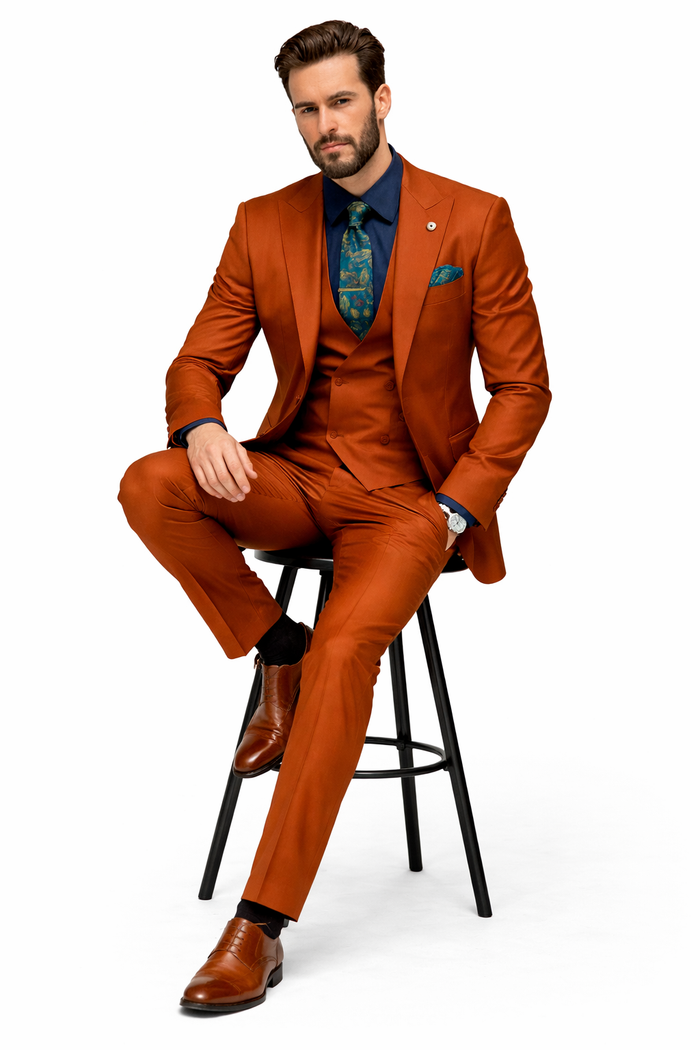 Rust - Copper - Brick Orangish Formal Suit – Mens 3-Piece Set Peak Lapel Modern Fit