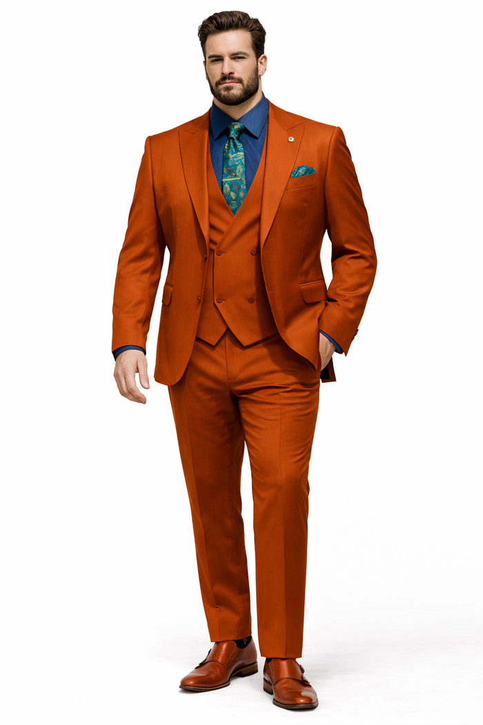 Rust - Copper - Brick Orangish Formal Suit – Mens 3-Piece Set Peak Lapel Modern Fit