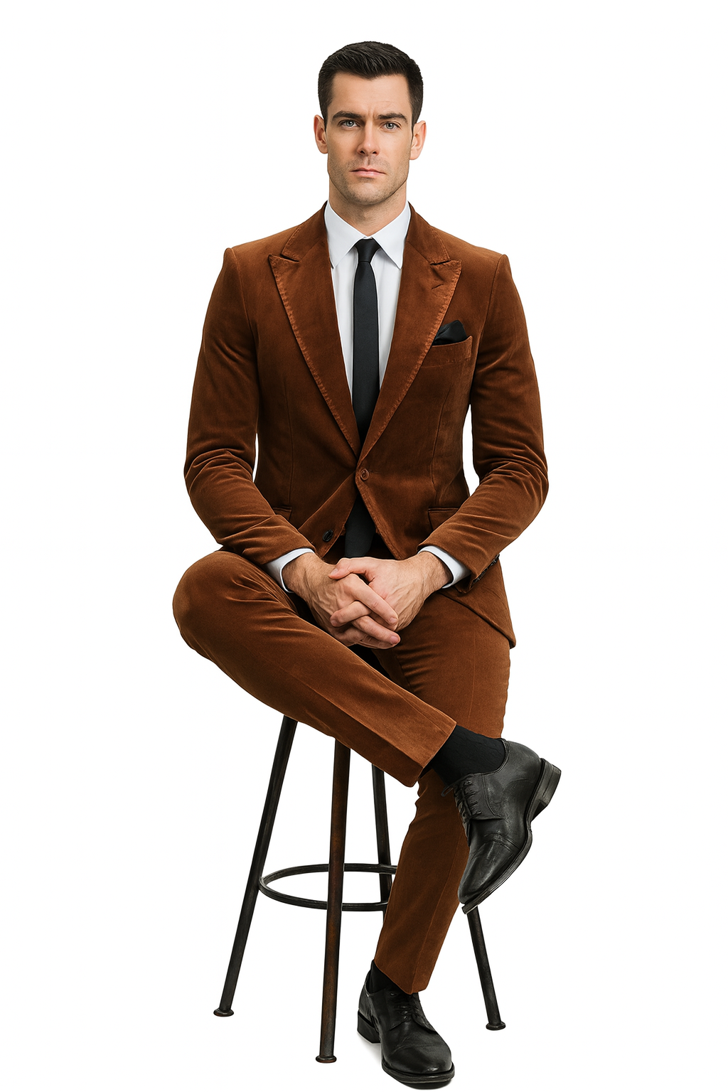 Mens Brown Velvet 2-Piece Suit  Luxury Slim Fit Formal Blazer and Pants Set in Rust Copper Color
