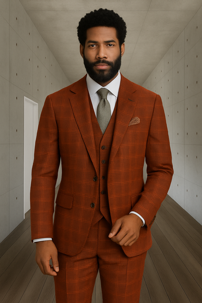 Wool Suit - Italian Made Business Suit by Statement Men's 3 Piece 100% Wool Modern Fit Suit - Sharp Plaid Pattern