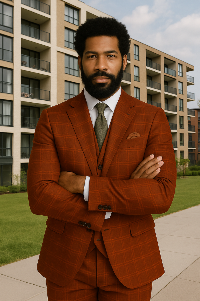 Wool Suit - Italian Made Business Suit by Statement Men's 3 Piece 100% Wool Modern Fit Suit - Sharp Plaid Pattern