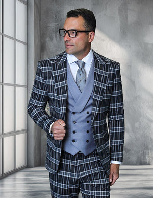 Saboo by Statement Mens Modern Fit 3 Piece 100% Wool Plaid Suit – Peak Lapel, Double Breasted Vest