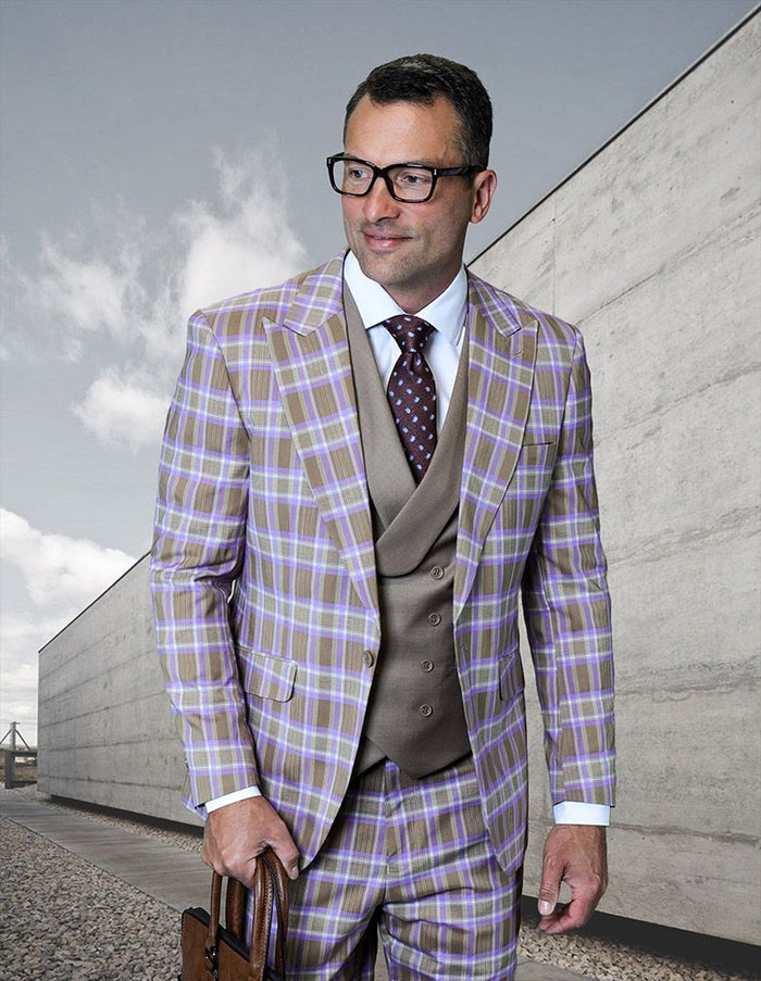 Saboo by Statement Mens Modern Fit 3 Piece 100% Wool Plaid Suit – Peak Lapel, Double Breasted Vest