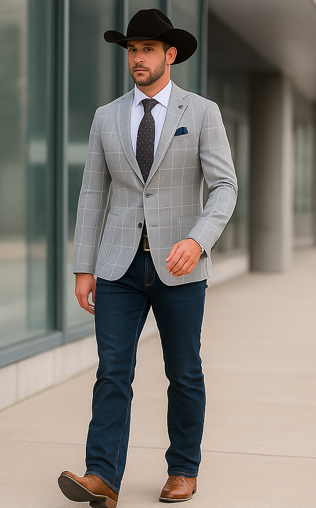 Saco vaquero - Western Sport Coat - Western Blazer- Mens Half Canvas Unconstructed Sport Coat Blazer In Light Grey & White Windowpane Plaid