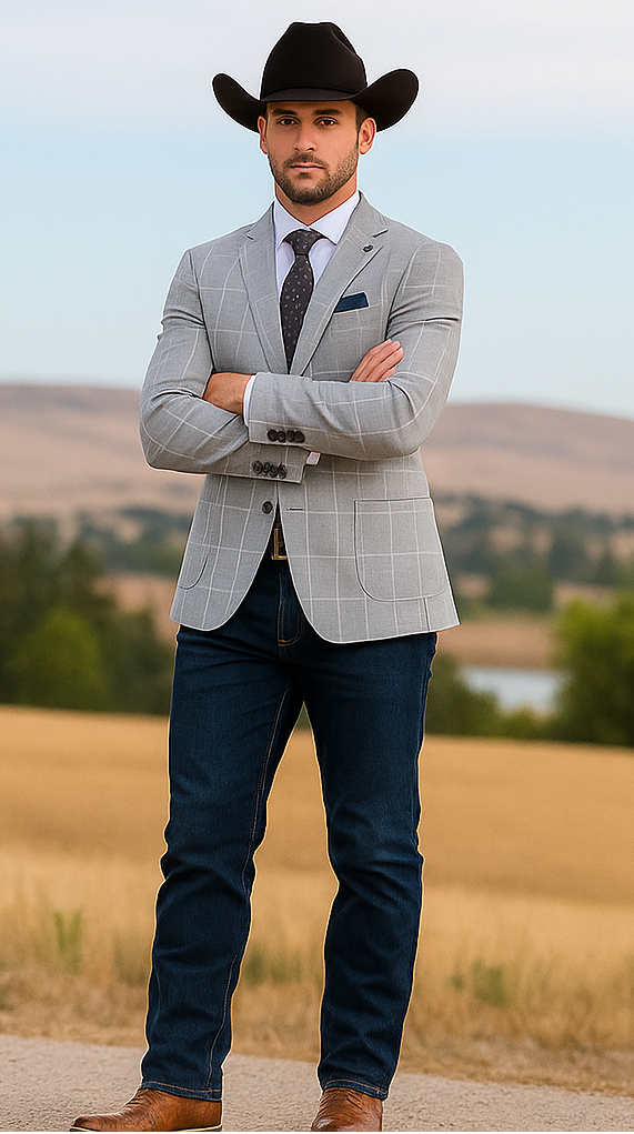 Saco vaquero - Western Sport Coat - Western Blazer- Mens Half Canvas Unconstructed Sport Coat Blazer In Light Grey & White Windowpane Plaid